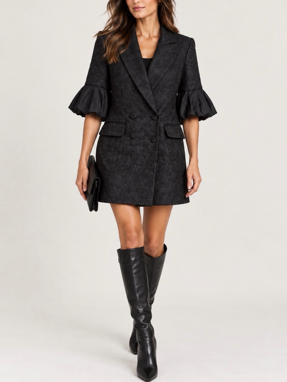 BCBGMAXAZRIA Black Jacquard Blazer Dress Statement Sleeve Size S